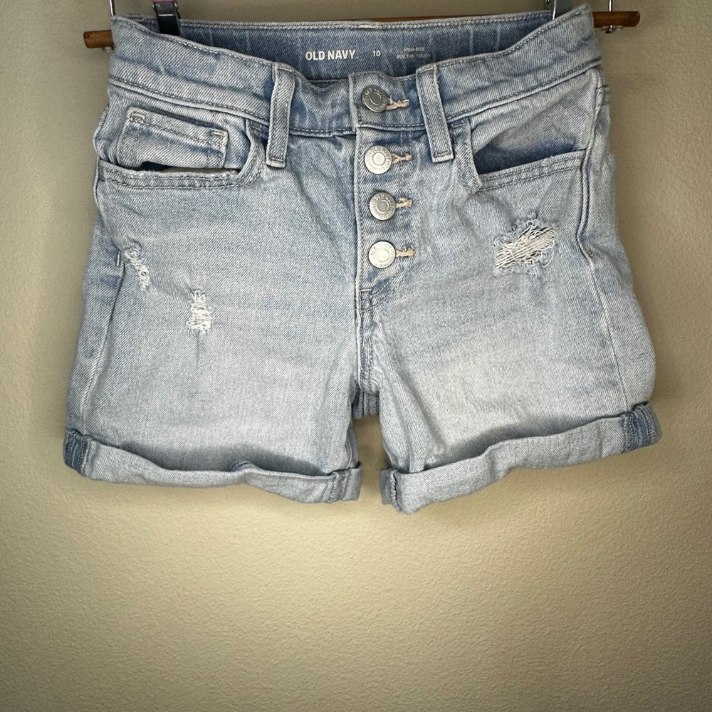 Old Navy Kids Light Wash High Rise Button Fly Distressed Denim Shorts Size 10